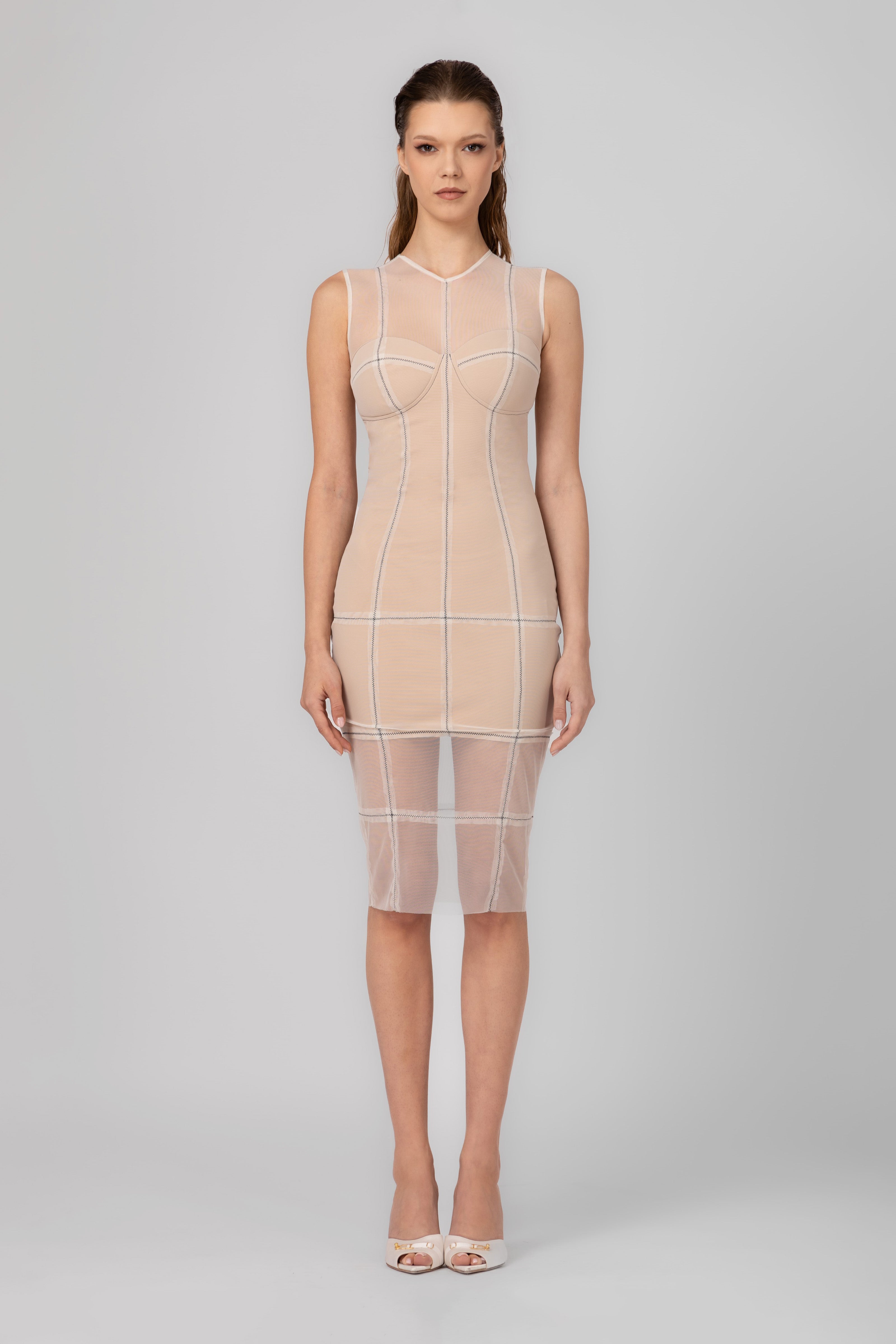 Rochie alba nud midi din tul si microfibra Figure
