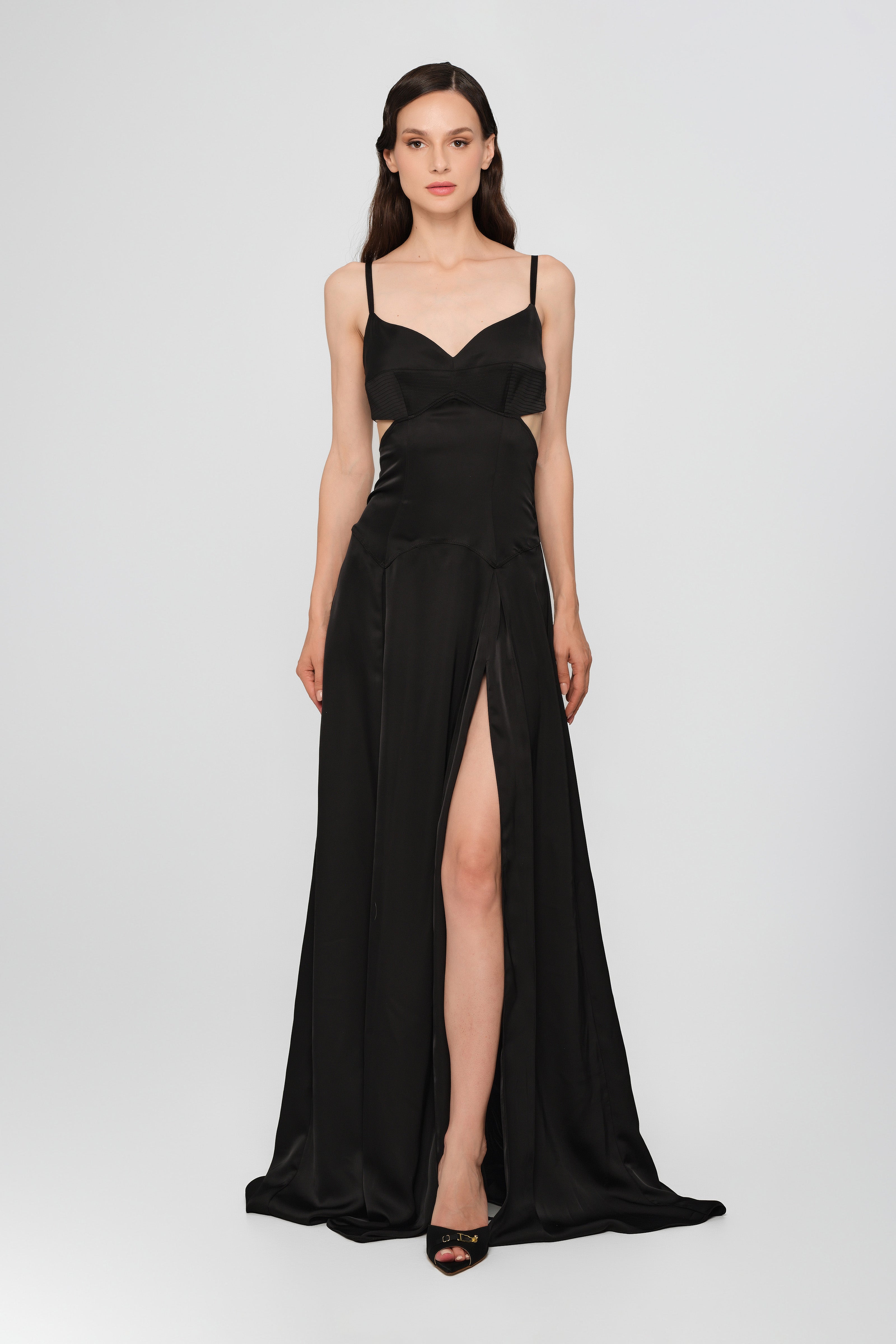 Rochie neagra lunga din satin Escapade