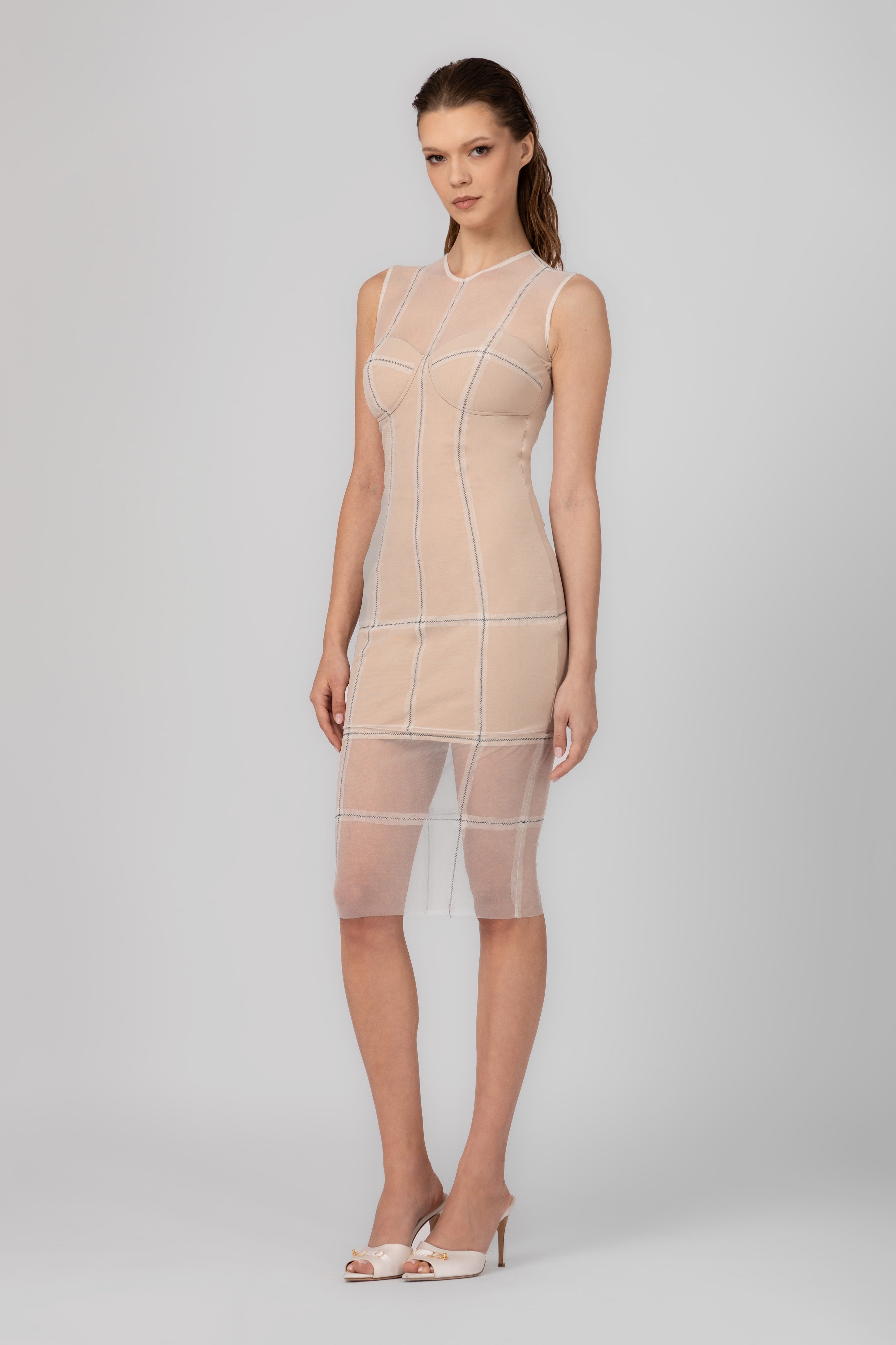 Rochie alba nud midi din tul si microfibra Figure